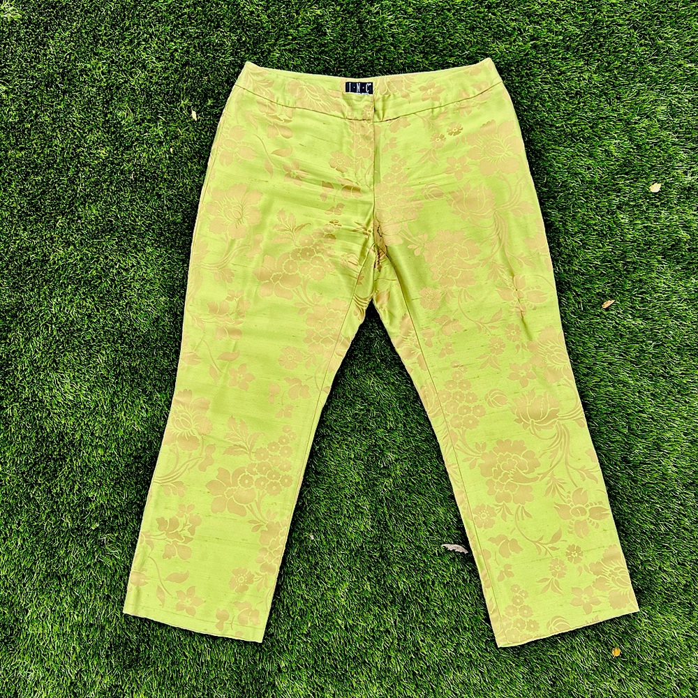 INC chartreuse silk& rayon damask ankle length/ cropped pants